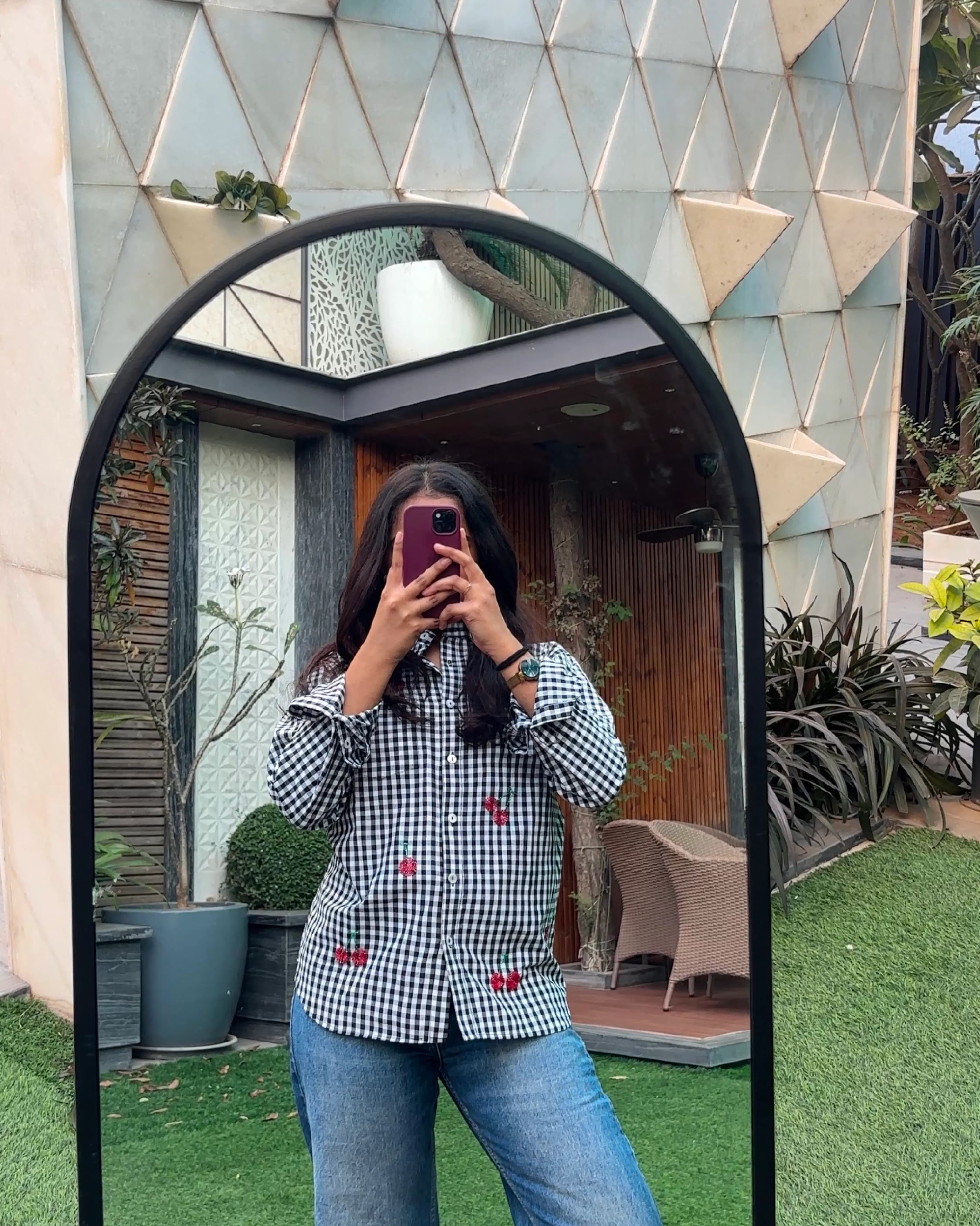black gingham shirt for women with cherry bead embroidery  thumbnail 3