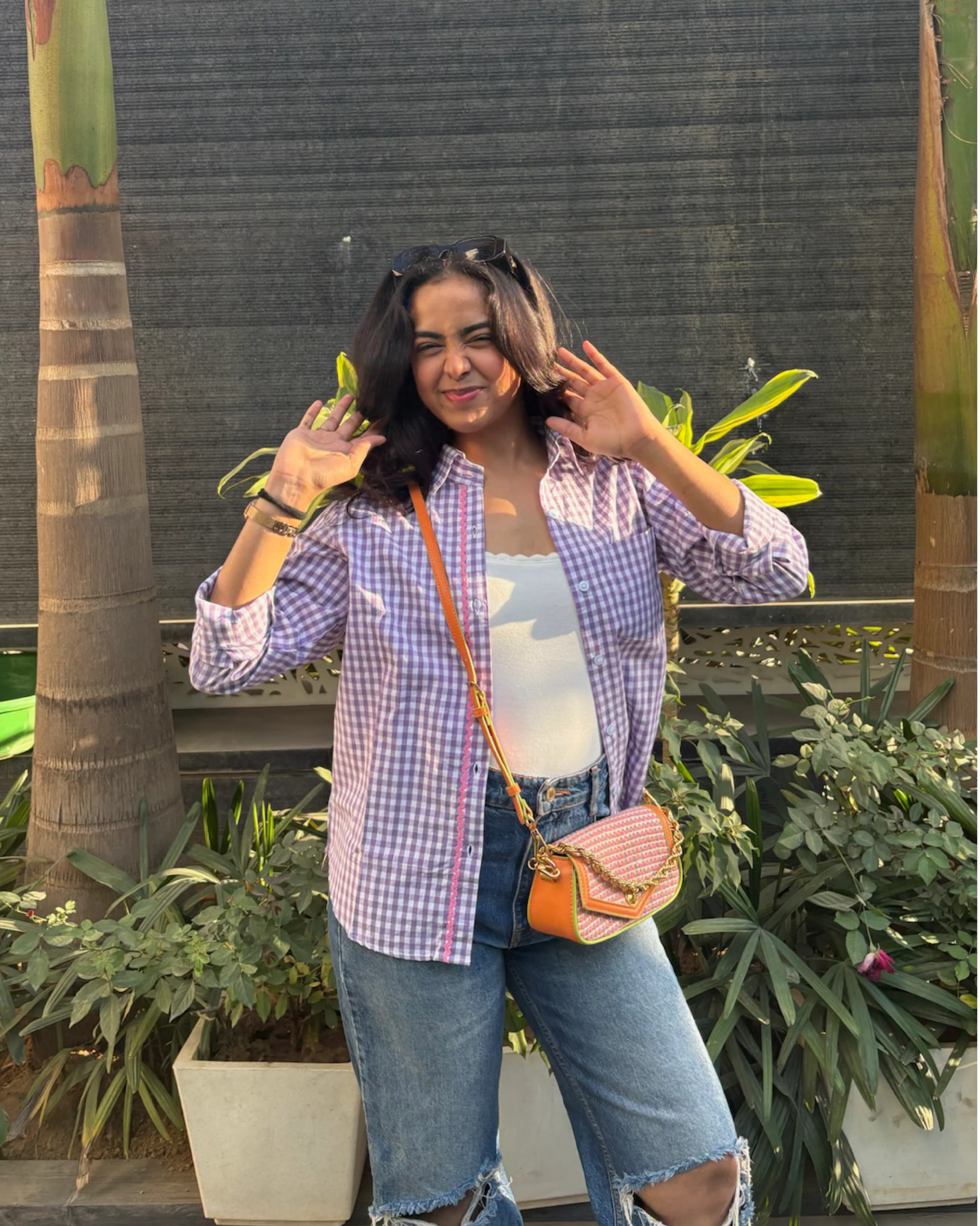  purple gingham shirt for women with lace detail thumbnail 2