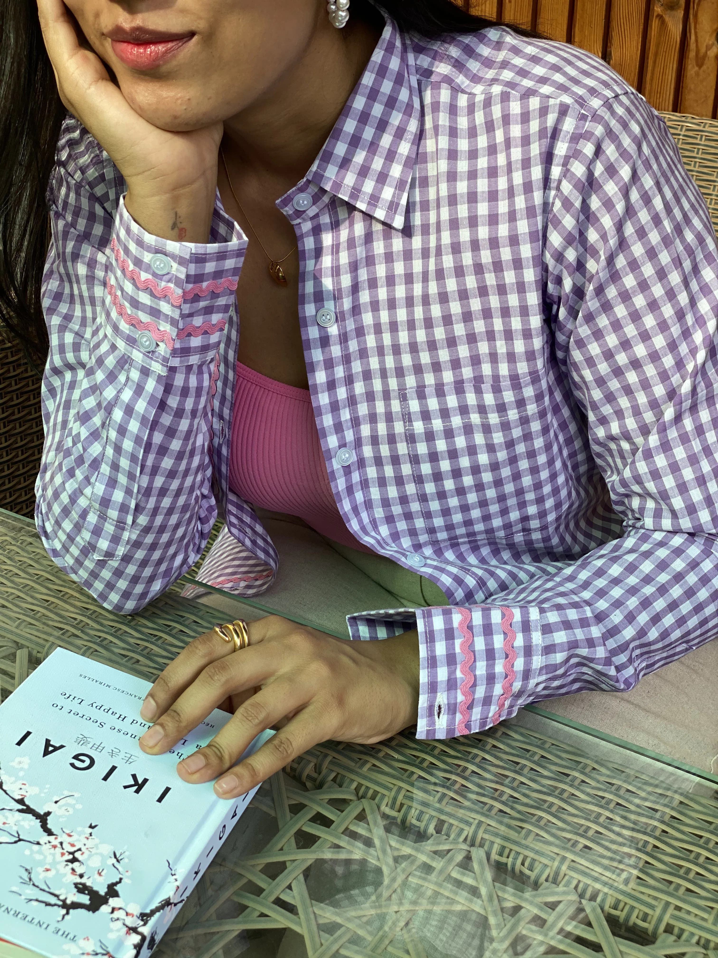  purple gingham shirt for women with lace detail