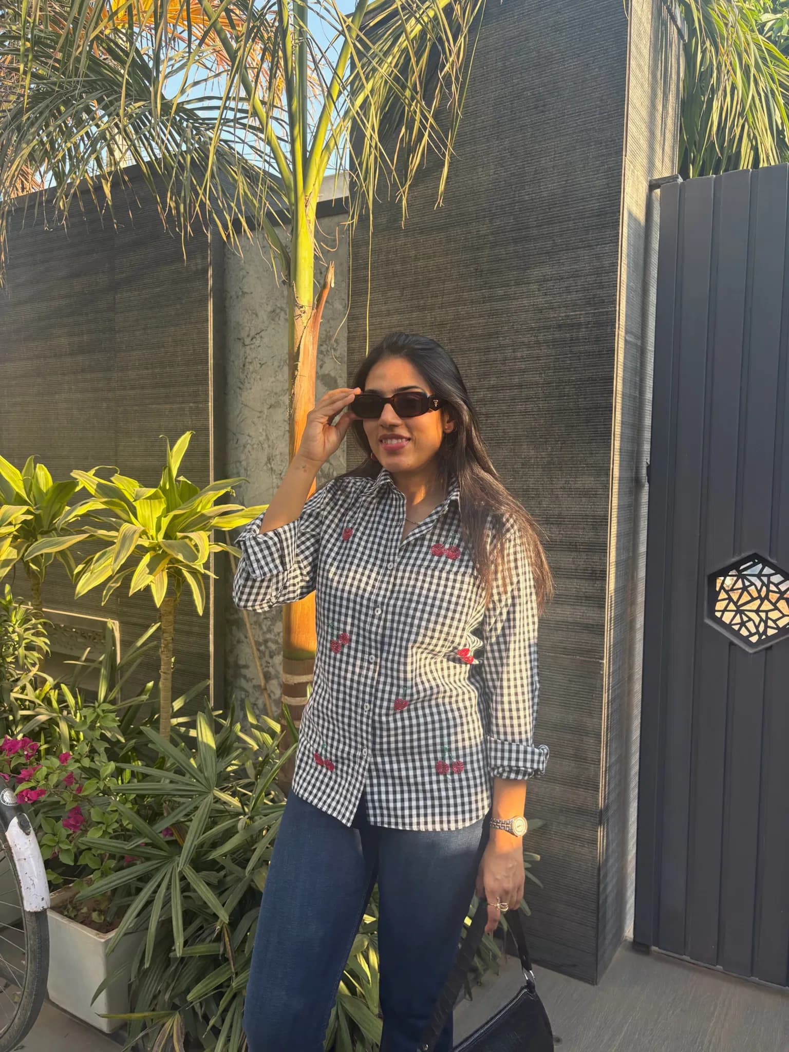 black gingham shirt for women with cherry bead embroidery  thumbnail 2