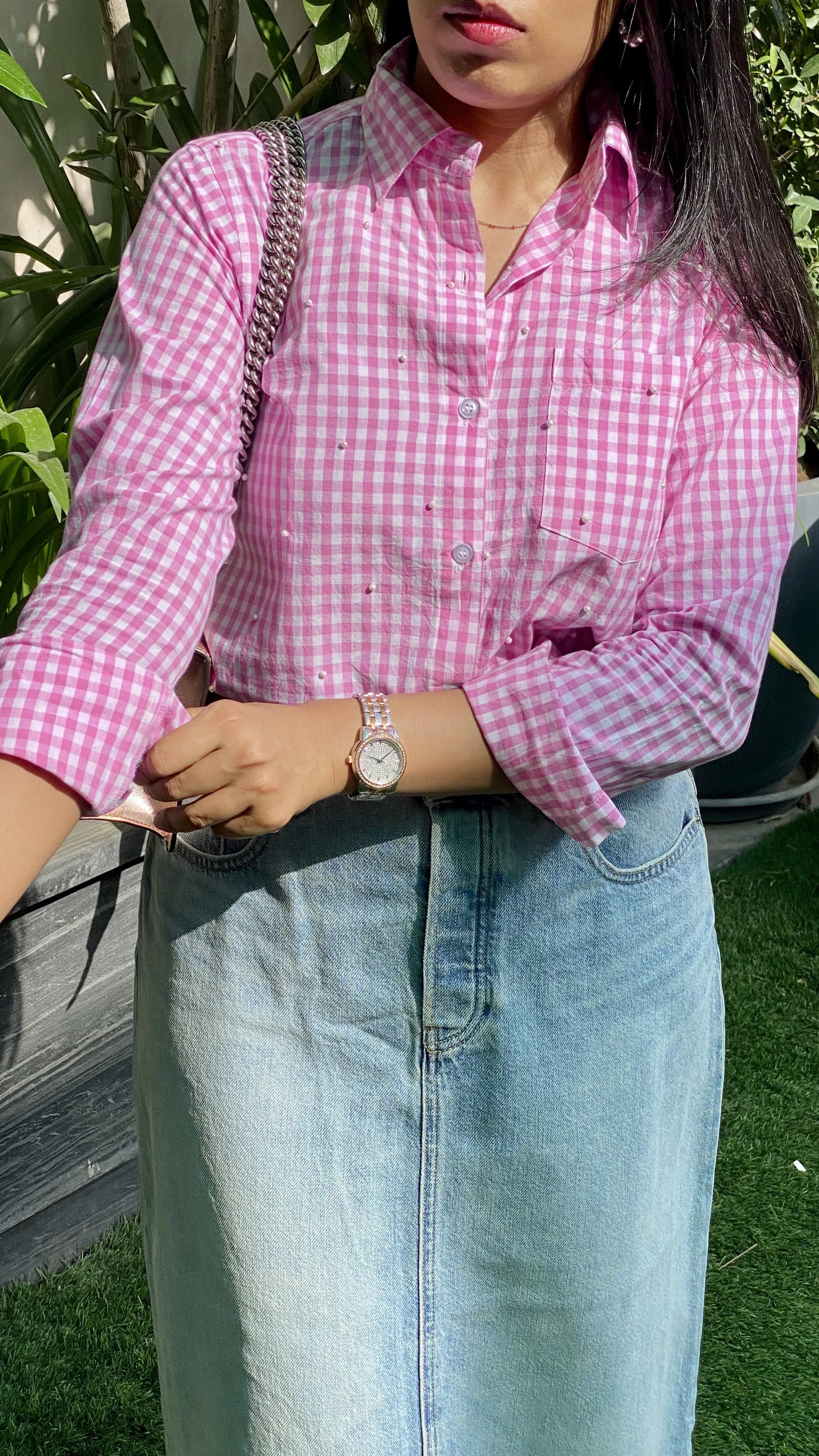 pink pearl gingham shirt 