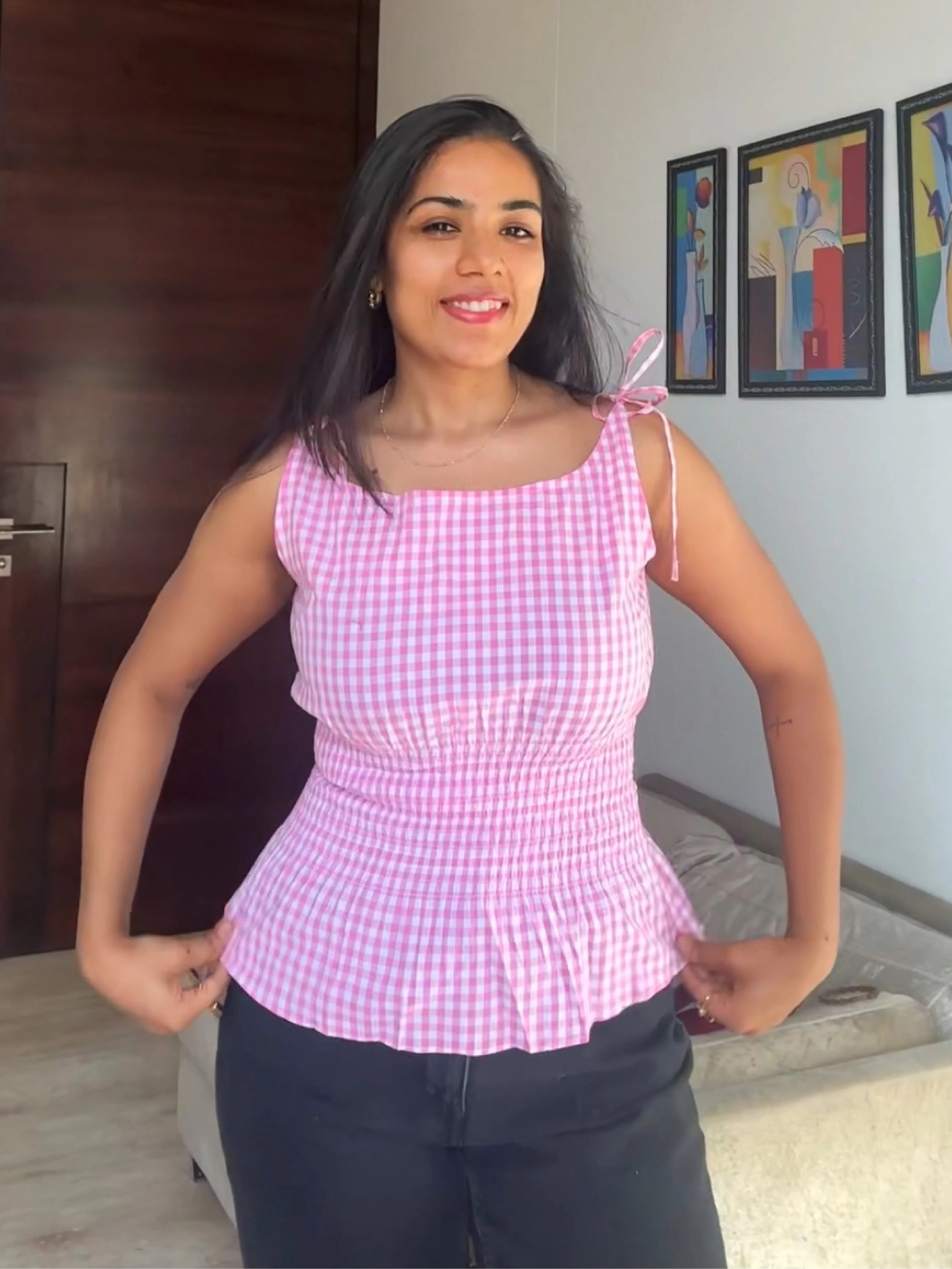 gingham tie-shoulder top for women thumbnail 2