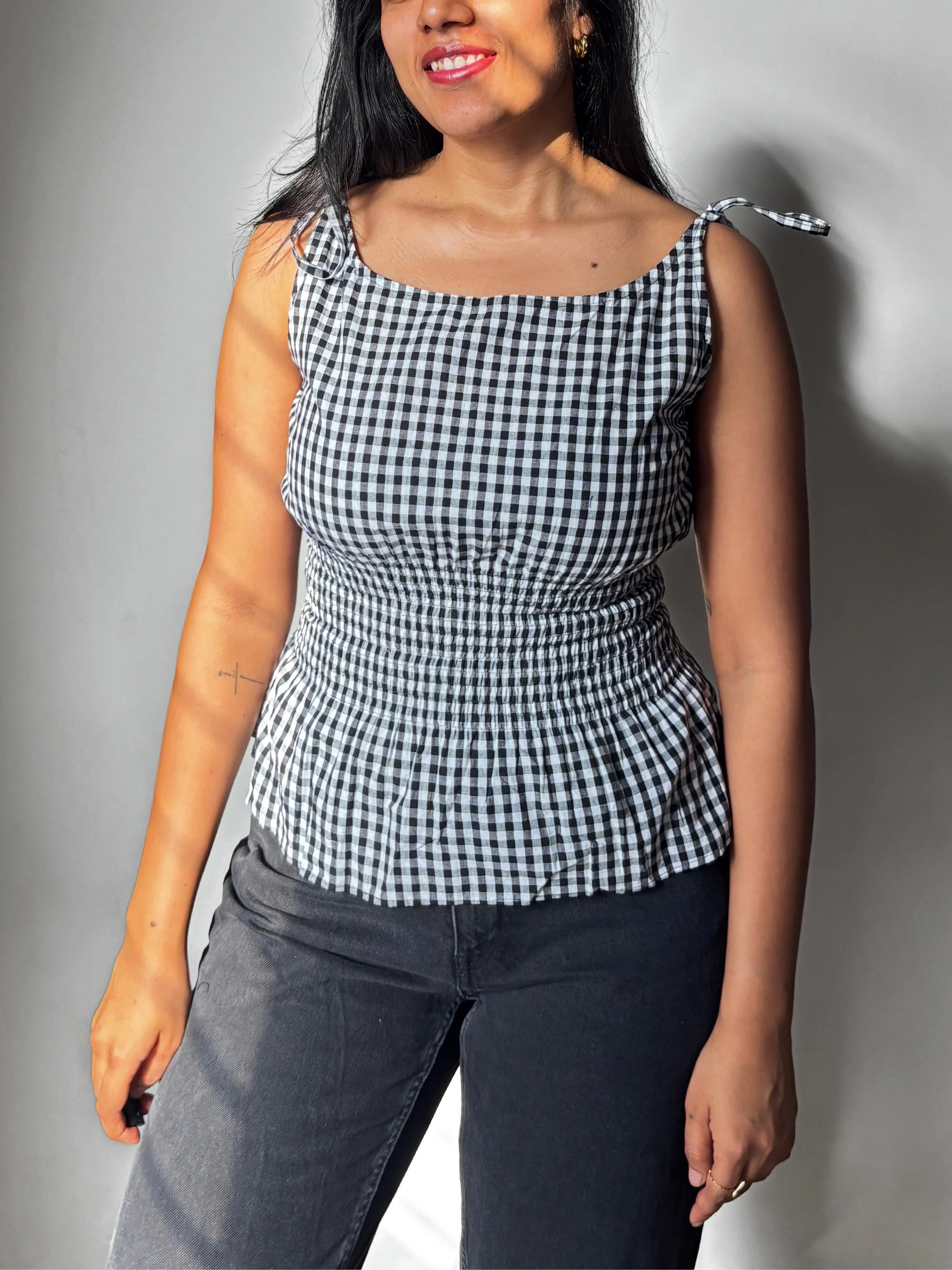 gingham tie-shoulder top for women