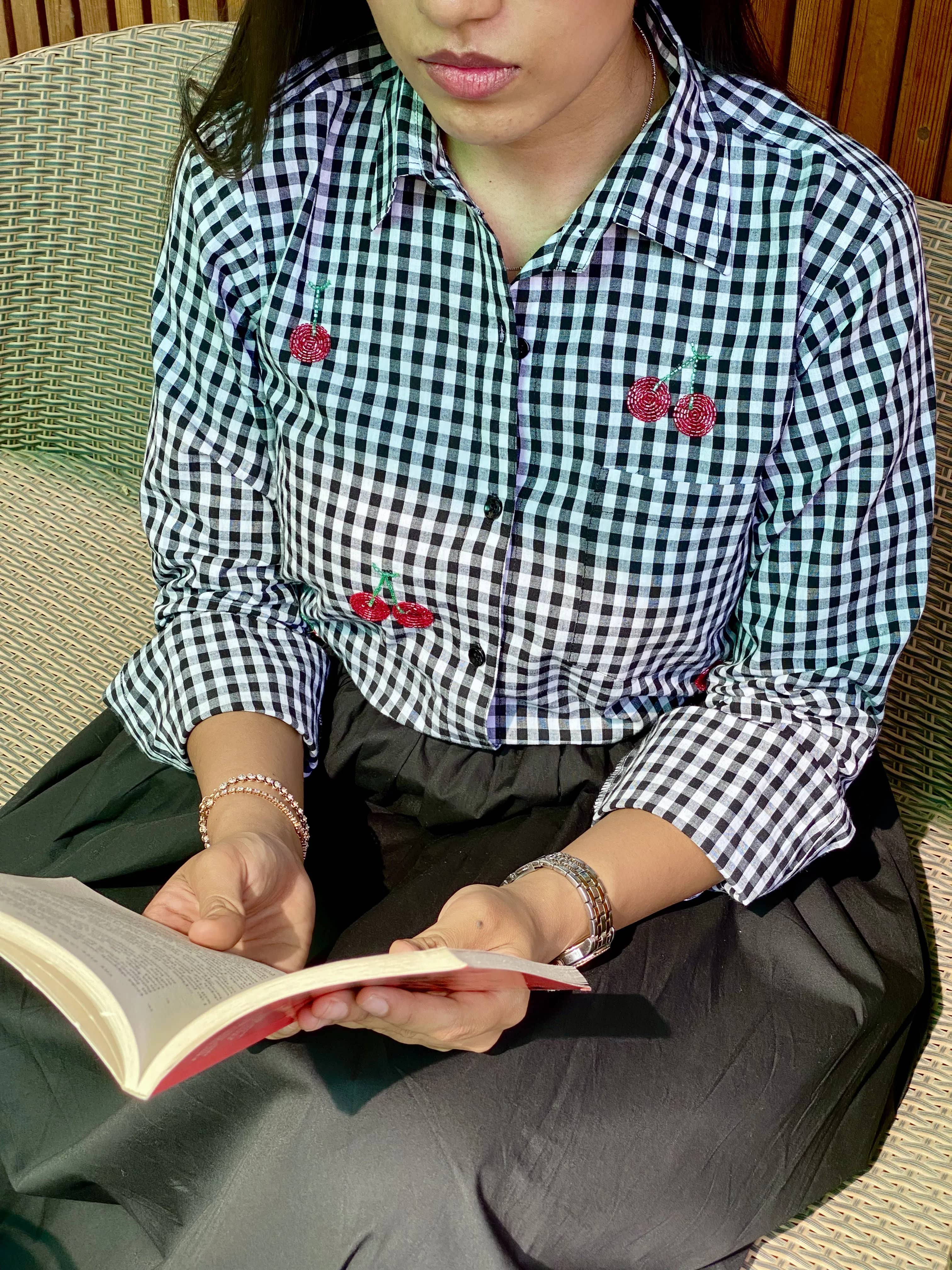 black gingham shirt for women with cherry bead embroidery