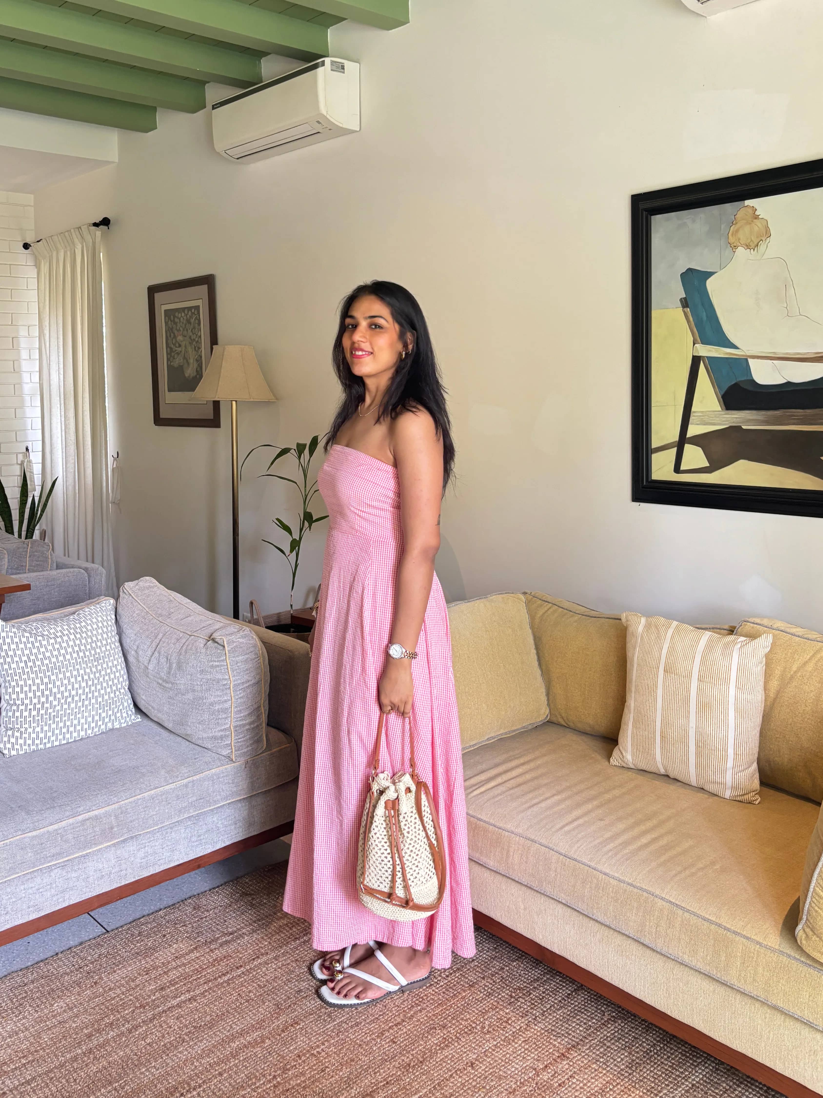 pink gingham tube maxi dress